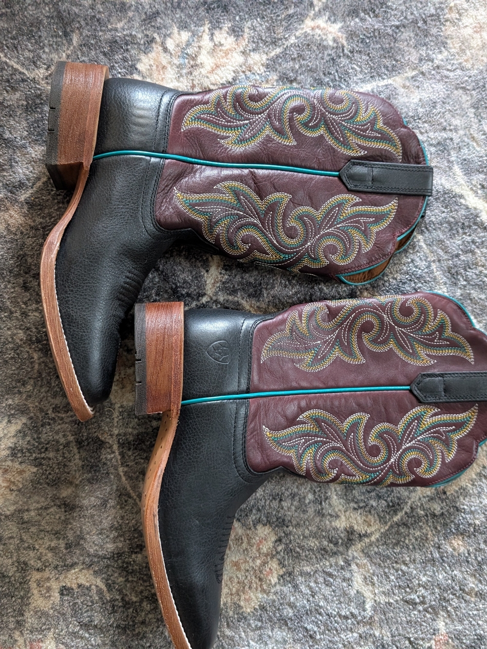 Cowboy Boots Black and Burgundy with Teal Piping Leather Sole Wide Square